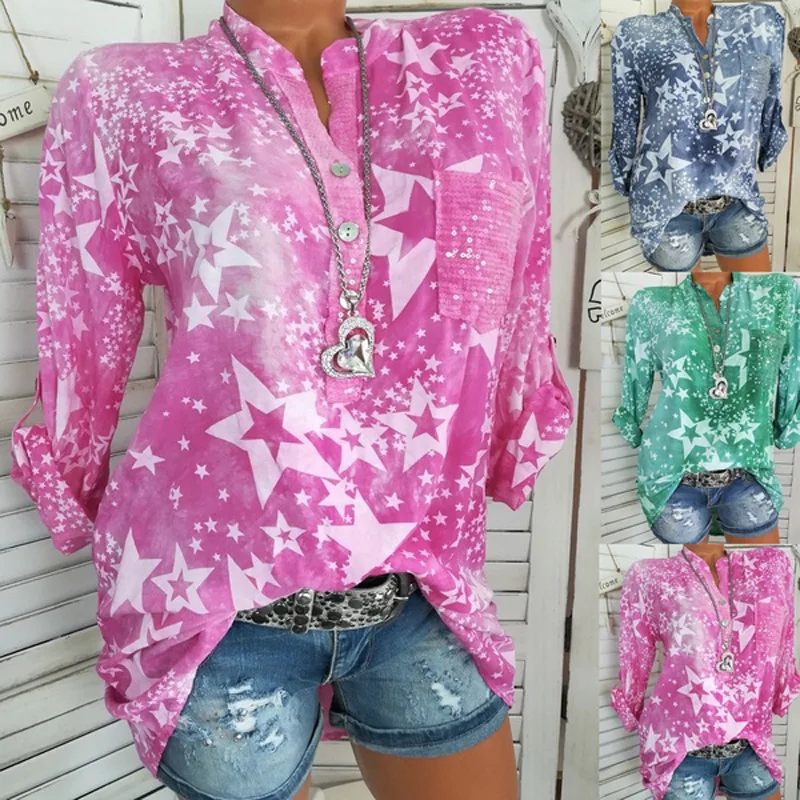

Large size women's printed shirt 2019 autumn new long-sleeved tops five-pointed star collar button pullover Blouses