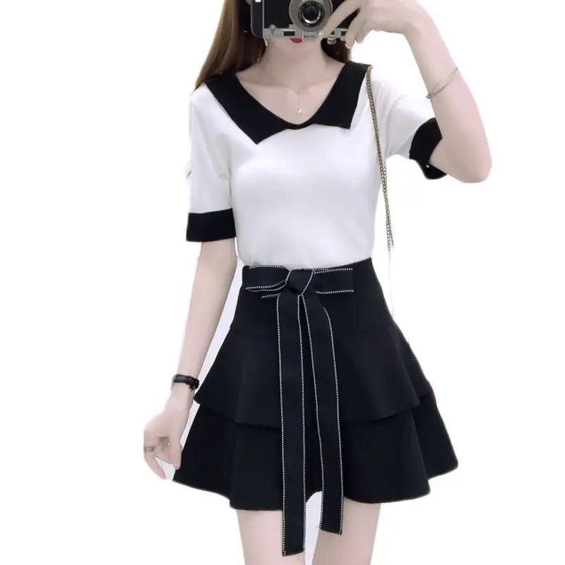 

new women knit top & bow belt skirt of tall waist A word two-piece outfit knitwear clothing set vestido girl white black S M L