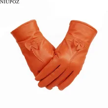 Female Genuine Leather Sheepskin Butterfly Knotl Gloves Real Fur Leather Women Mittens Lady Winter Thick Warm