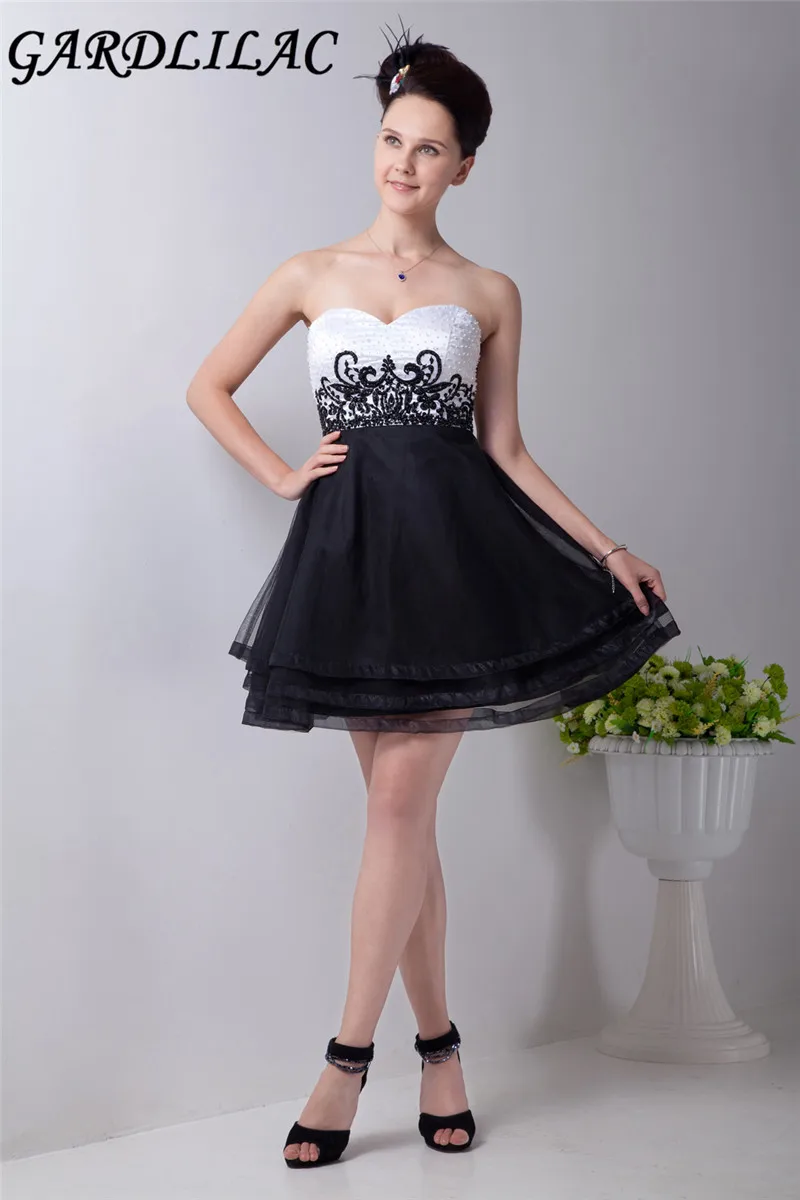 

Gardlilac Black and White Backless Short Homecoming Dress Organza Strapless Short party Dress with beaded Applique
