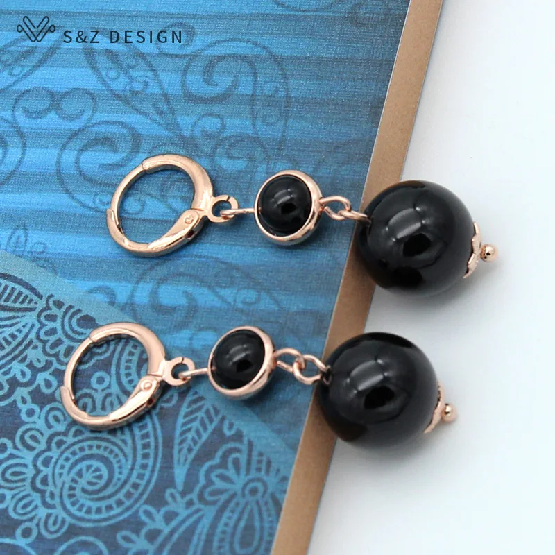 S&Z DESIGN New Long Round Black Agates Turquoises Dangle Earrings 585 Rose Gold Color Eardrop For Women Party Jewelry Gift