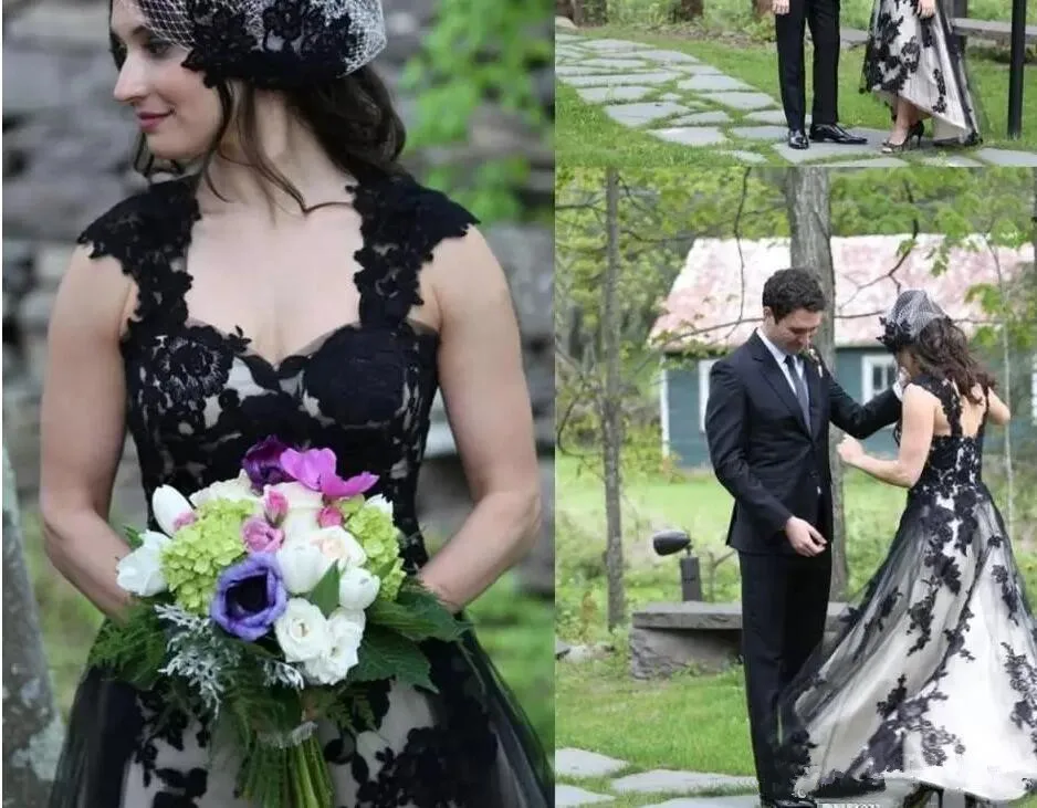 Vintage Black And White Wedding Dress Cap Sleeves High Low Lace