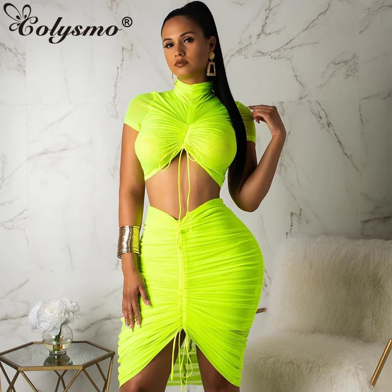

Colysmo Sexy Two Piece Set Women Summer See Through Mesh Club Outfits Drawstring Can Adjust Length Skirts Set Casual Beachwear