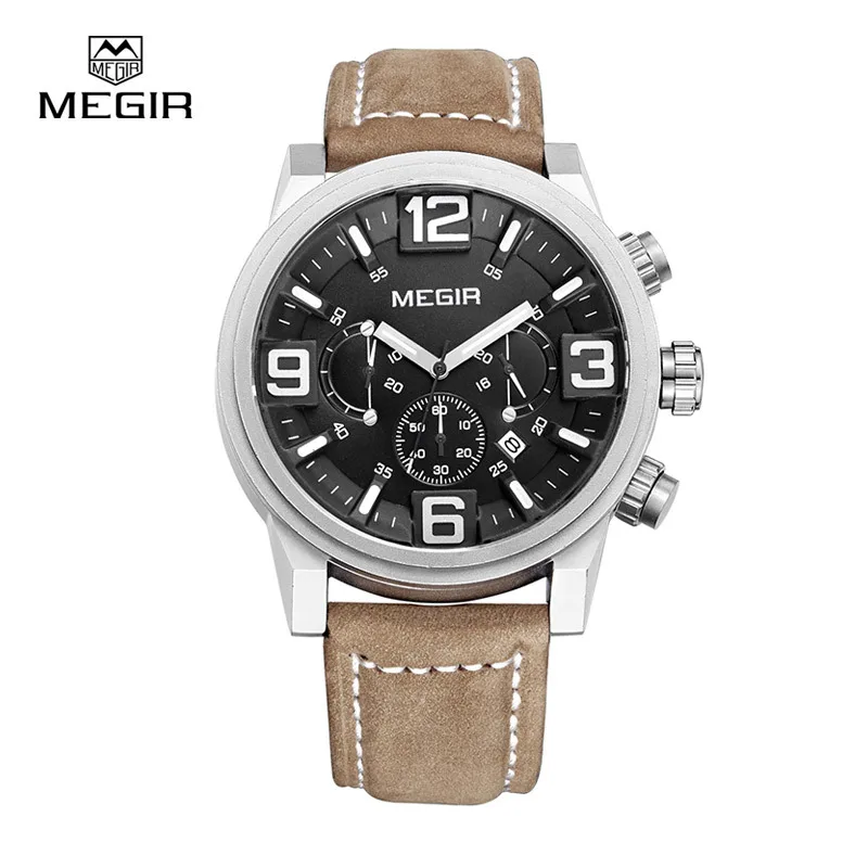 

MEGIRnew fashion casual quartz watch men large dial waterproof chronograph releather wrist watch relojes 3010