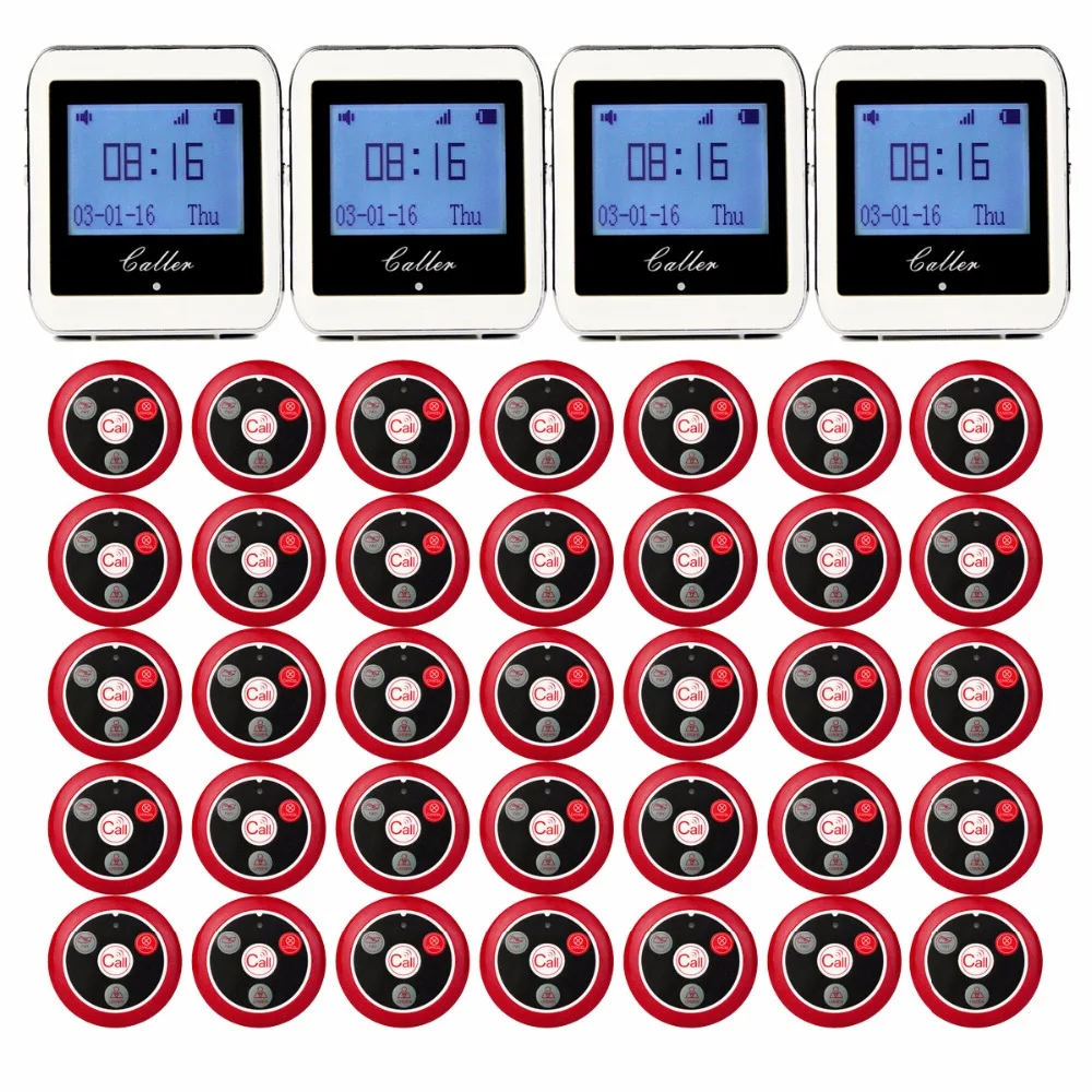 Prix pour 999CH Restaurant Pager Système D'appel Sans Fil 35 pcs Appel Émetteur Bouton + 4 Montre Récepteur 433 MHz Matériel de Restauration F3285C Prix pour 999CH Restaurant Pager Système D'appel Sans Fil 35 pcs Appel Émetteur Bouton + 4 Montre Récepteur 433 MHz Matériel de Restauration F3285C