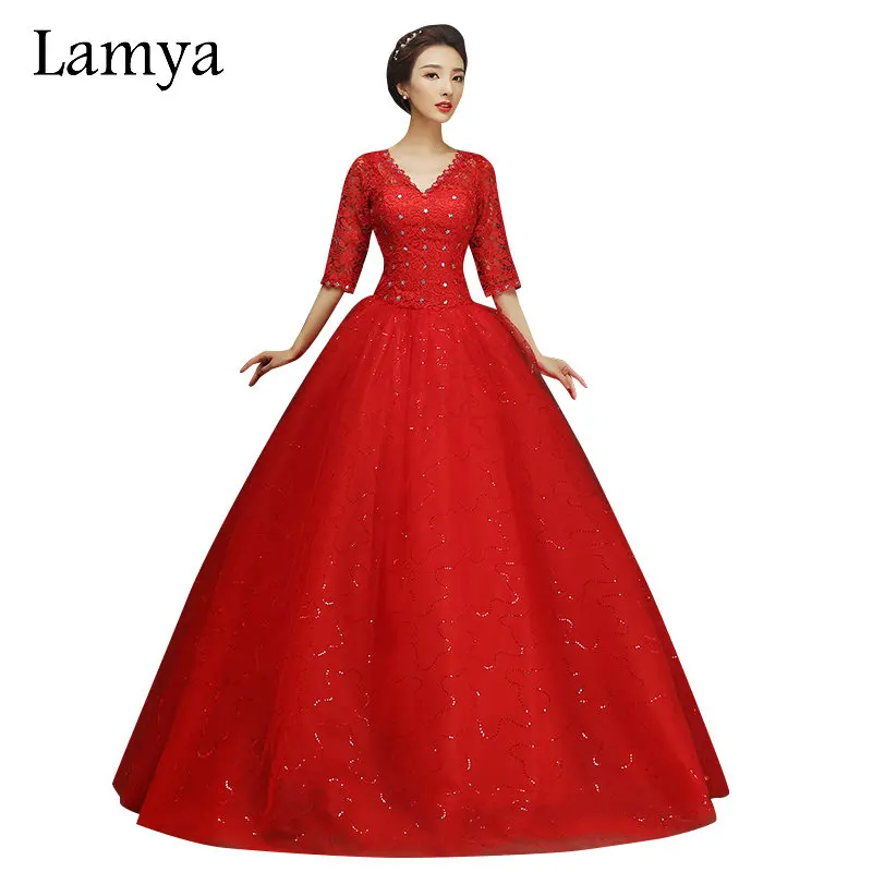 

LAMYA Plus Size Red Half Lace Sleeve Vintage V Neck Wedding Dress 2018 Sexy Cheap Bride Gown Dresses Fashion robe de mariage