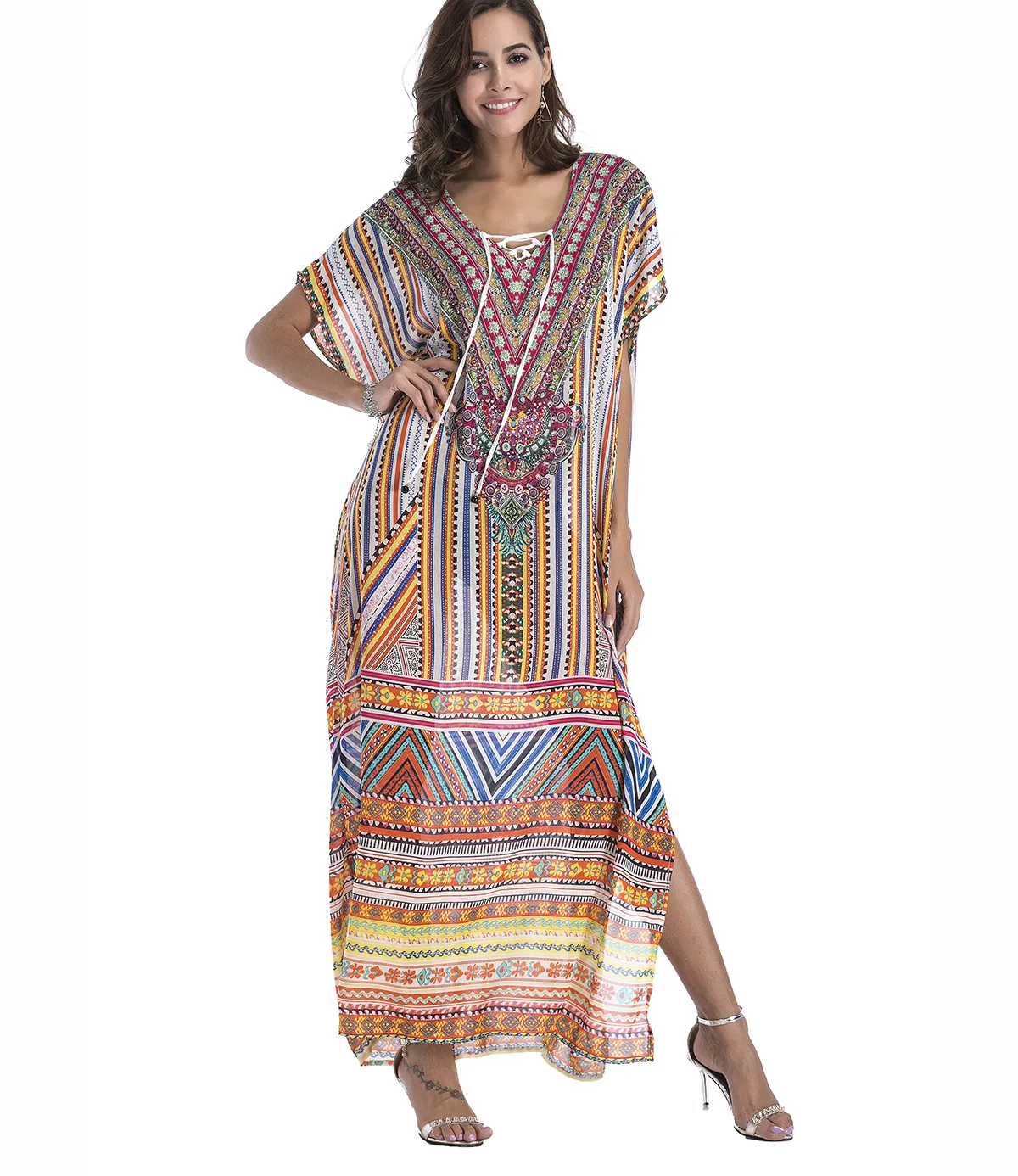 

Women Long Dress Bohemian Summer Ladies Print Sleeveless Button Maxi Dress vestidos de verano