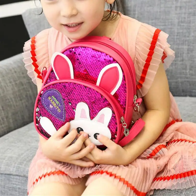 New Fashion High Quality Children Girls Babbit Bag Leather+ Sequins School Bookbag Travel Backpack Rucksack Zipper