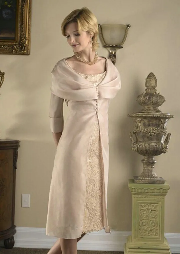 Мать невесты платья с жакетом оболочка Половина рукава Аппликации чай длина кружева выпускного вечера платье Robe De Soiree - Цвет: Шампанское