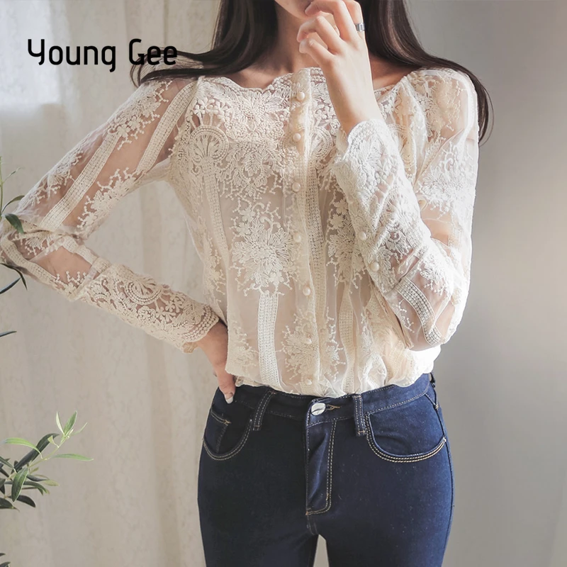 Meilleur Jeune Gee Printemps Été Femmes Sexy Slash Broderie Florale Blouses Unique Poitrine Dentelle À Manches Longues En Organza Tops Chemises blusa