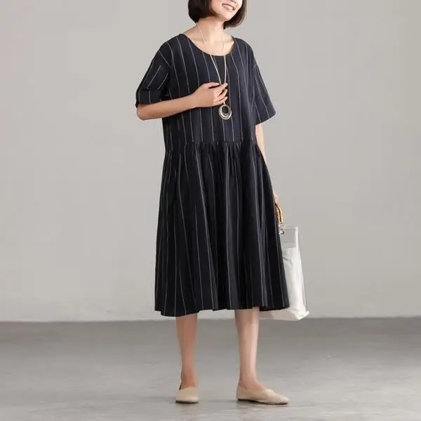 2019 Summer Vintage Retro Women Boho Beach Dress Casual Short Sleeve O-Neck Loose Dresses Elegant Black Striped Female Vestidos (4)