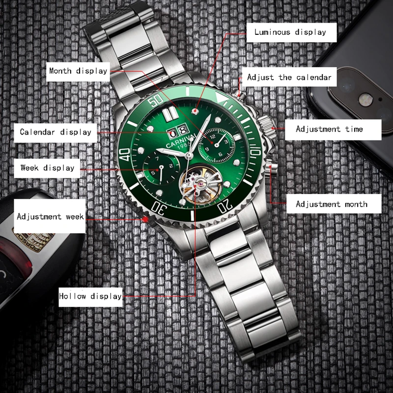Tourbillon механические часы для мужчин Топ люксовый бренд карнавал спортивные