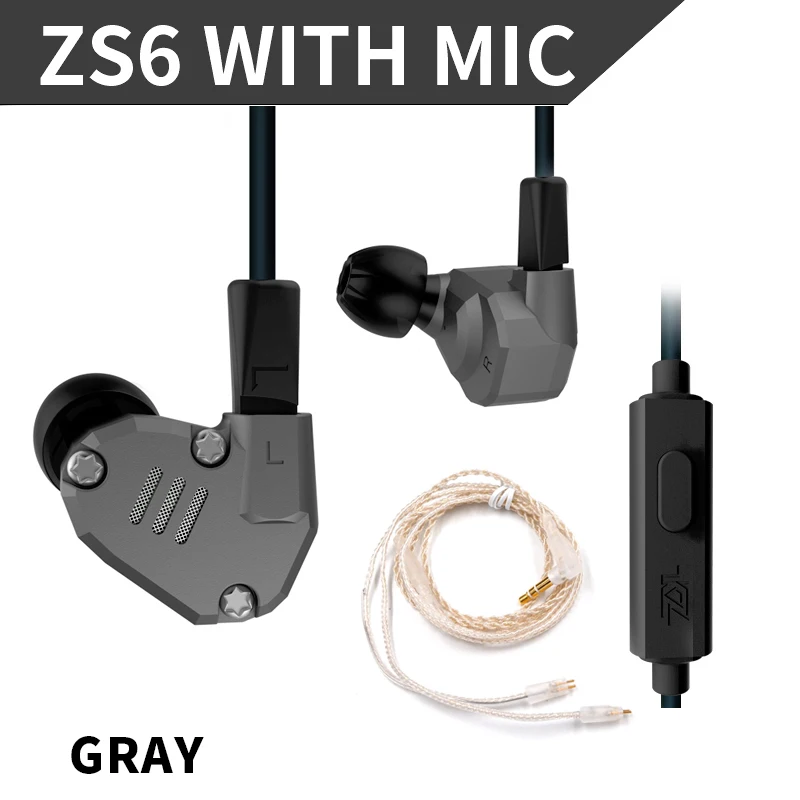 KZ ZS6 2DD+ 2BA Гибридный в ухо наушники Hi-Fi монитор DJ наушники для бега Earplug гарнитура вкладыши KZ ZS6 ZS10 ZS5 AS10 ES4 - Цвет: gray mic silver