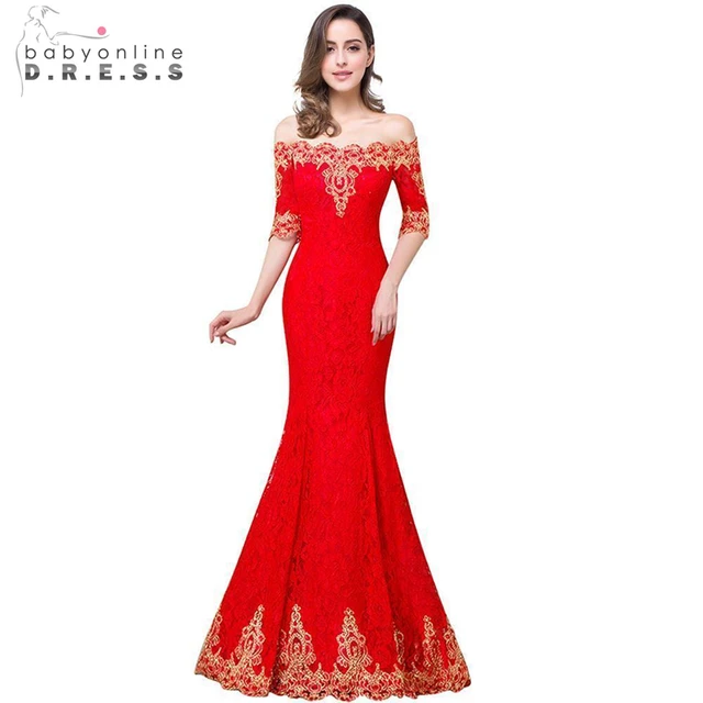 Red Lace Gold Applique Mermaid Evening Dresses 2019 Sexy Off Shoulder Formal Prom