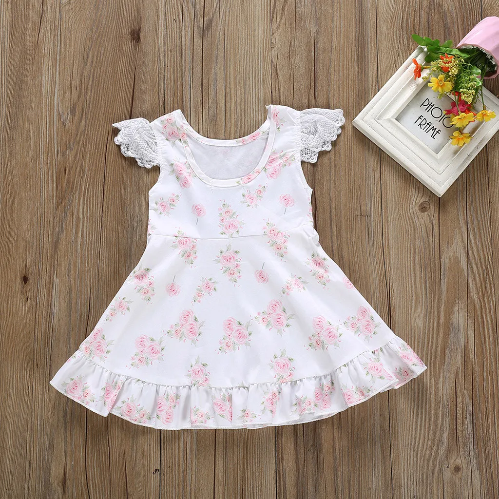 

Toddler Kids Baby Girls dress Lace flying Sleeve newborn dresses for baby girls clothes Flower Print Princess Party Dresses