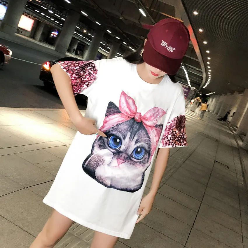 

Fashion Kawaii Cute Cat Print 2019 Women sequins diamond t shirts Summer Short Sleeved Casual Loose Clothing Oversized Tops Tees