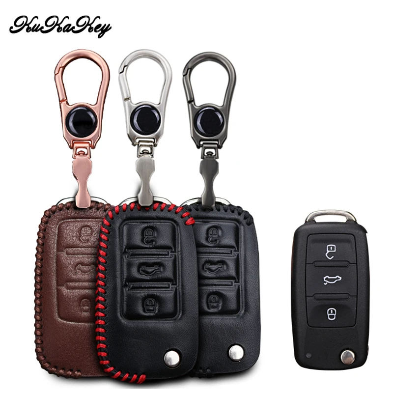 

KUKAKEY Leather Car Key Case Cover for Volkswagen VW Polupatapata Travel Jetta Skoda Key Bag Holder Keychain Accessories