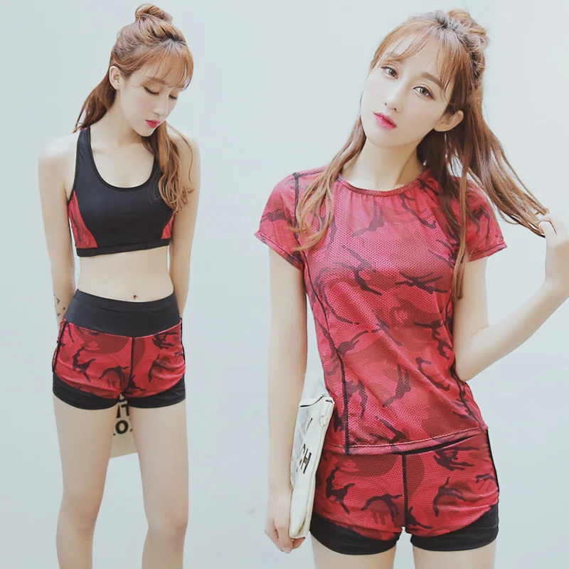 3 in1 Swimwear Women's Swimsuits Tankini Mesh Breathable Sports Bra Red T Shirt Short Sleeve Summer Beach Short Bathing Suit