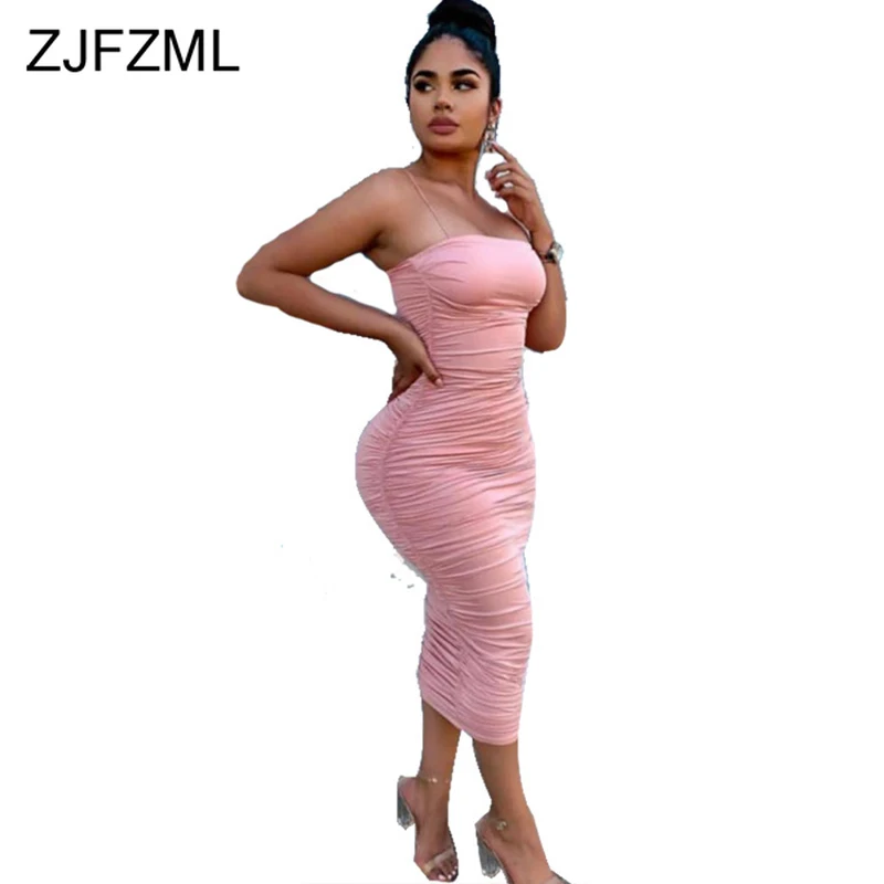 

Spaghetti Strap Sexy Pleated Dress Women Fashion Strapless Backless Mid-Calf Dress Summer High Waist Sleeveless Club Party Dress