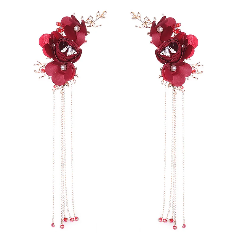 Изысканная Красная роза цветок китайская невеста свадебные заколки для волос украшения женские хрустальные украшения для волос для женщин девушек LB