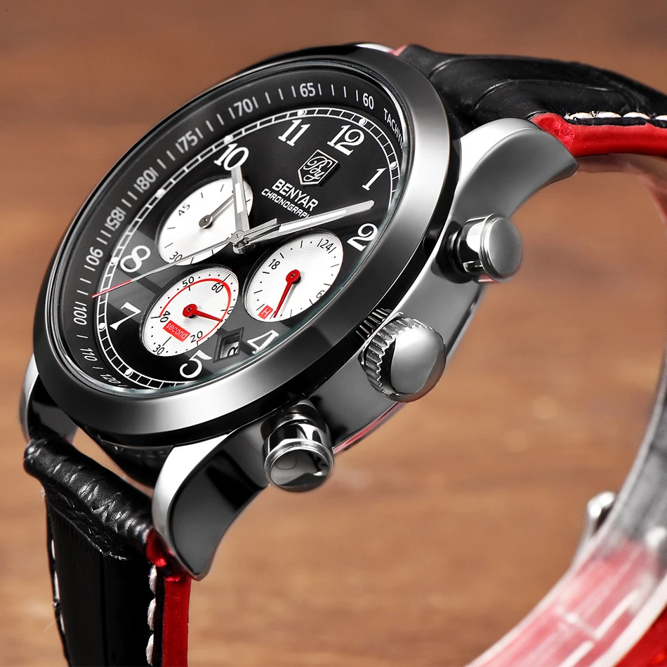 

BENYAR Brand Sport Waterproof Chronograph Men Watch Top Brand Luxury Male Leather Quartz Military Wrist Watch Men Clock Saat