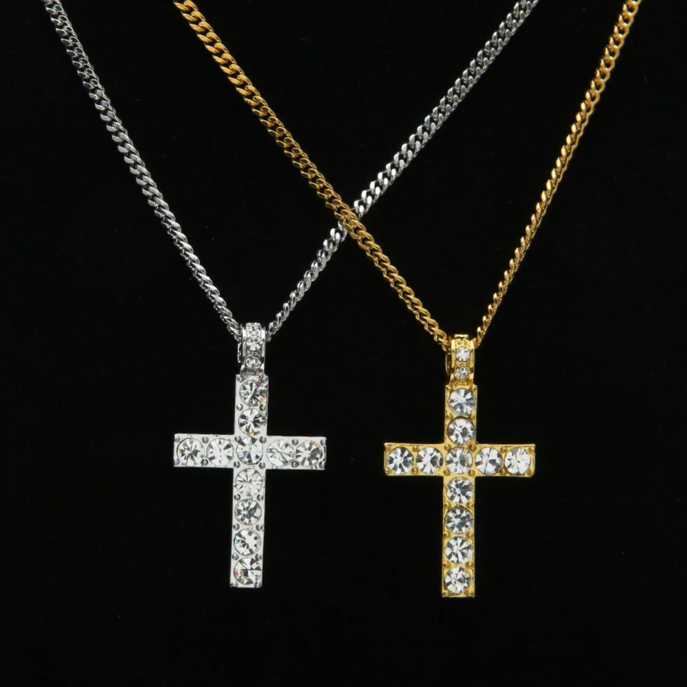 

Hip Hop Men Women Jewelry Bling Rhinestone Crystal Cross Pendant Necklace 8.25