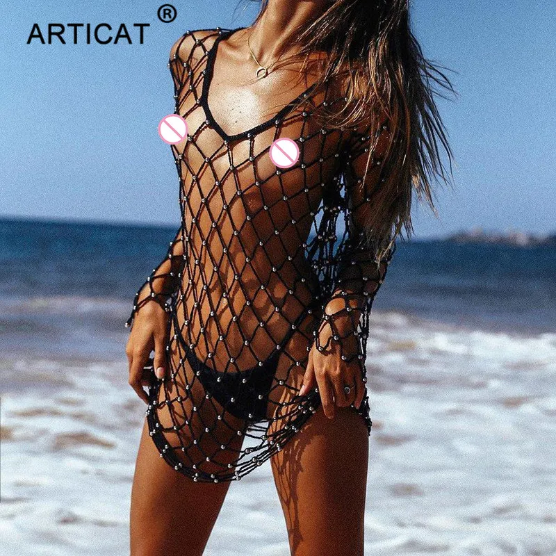 Articat Sexy Hollow Out Summer Dress Women Black Beads Crochet Backless See Through Mini Dress Casual Party Beach Dress Vestidos Articat Sexy Hollow Out Summer Dress Women Black Beads Crochet Backless See Through Mini Dress Casual Party Beach Dress Vestidos
