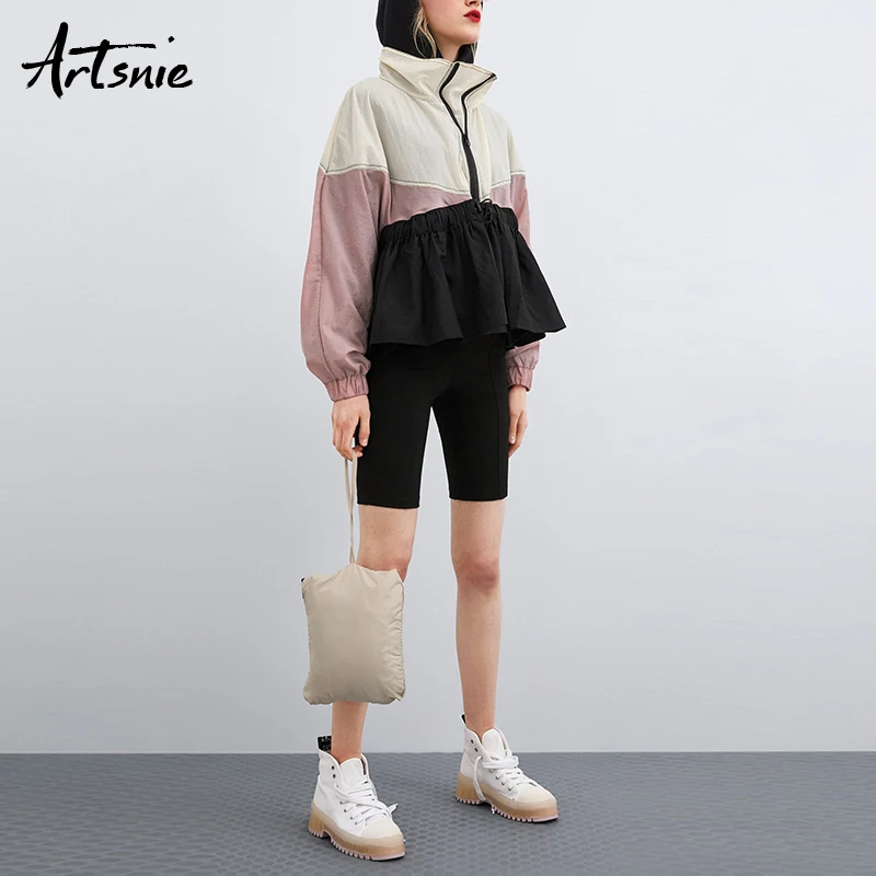 Artsnie الشارع الشهير خليط واقية من الشمس النساء البلوز الربيع 2019 الياقة المدورة طويلة الأكمام فضفاضة المتضخم هوديي بلوزات