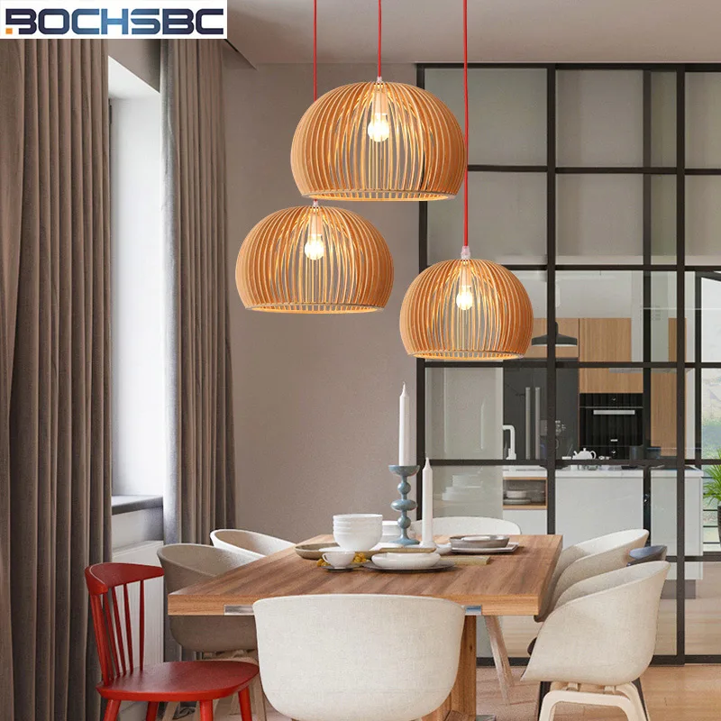 

BOCHSBC Wooden-knitted Lampshade Pendent Light North European Simple Creative Bird-cage Handing Lamp for Living Room Bedroom
