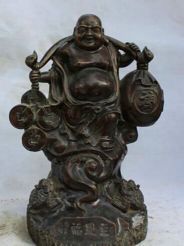 

JP S0524 18" Chinese Bronze Stand Wealth Frog Moneybag Happy Laugh Maitreya Buddha Statue