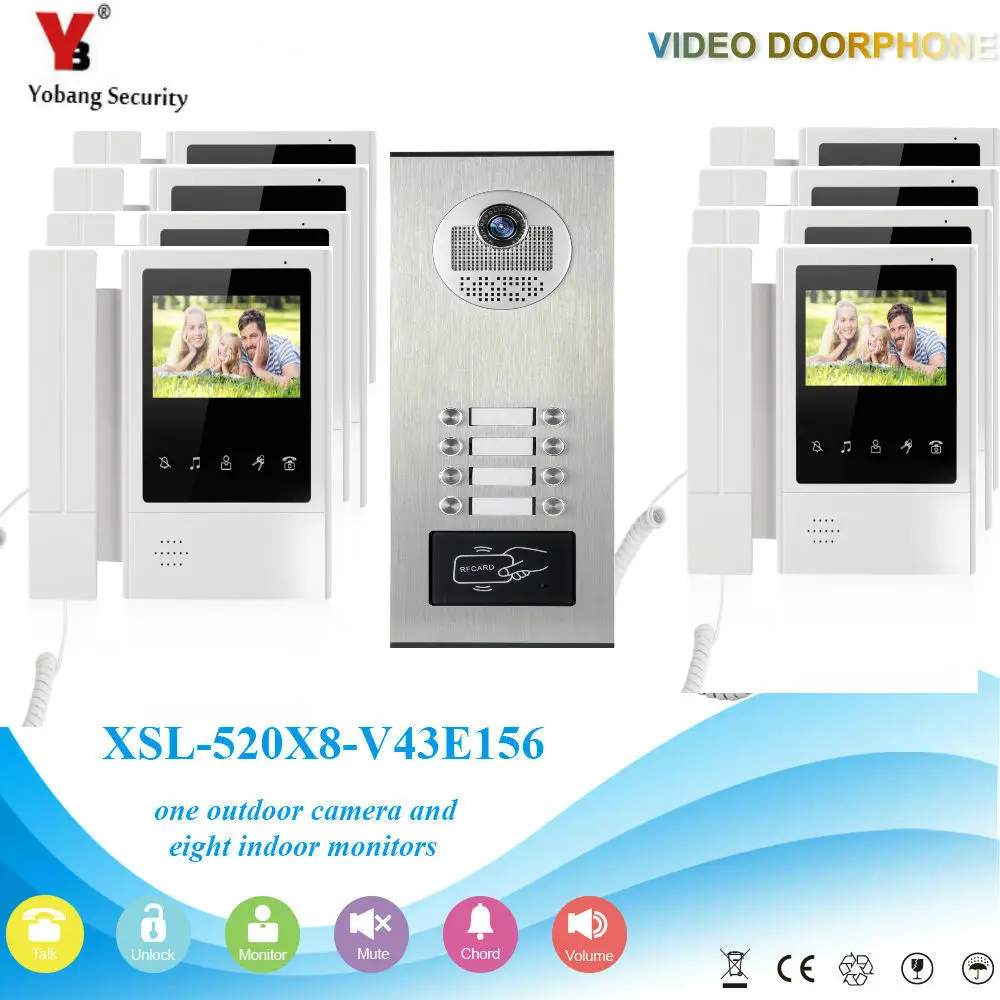 

YobangSecurity 4.3 Inch Color Villa Video Door Phone Doorbell Entry Intercom System RFID Access Door Camera For 8 Unit Apartment