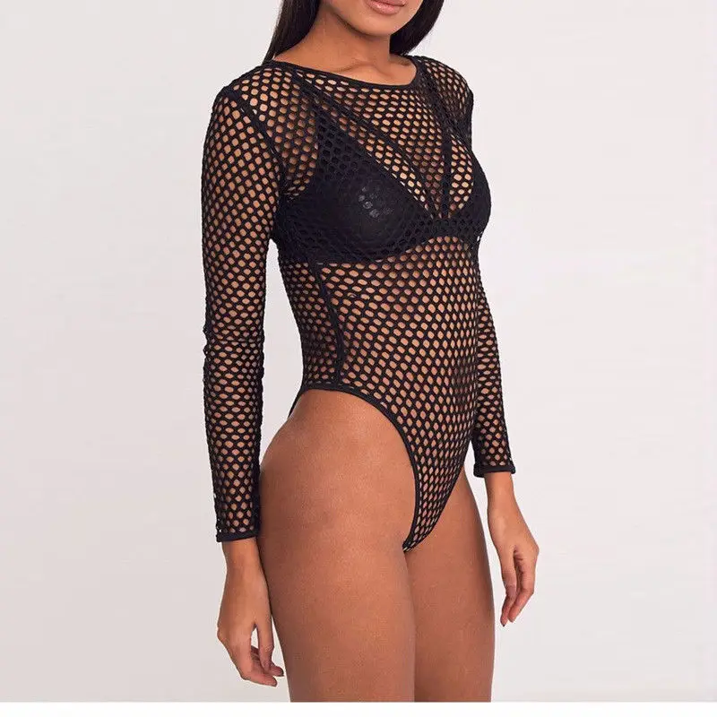 

2018 New Sexy Women Cover Up Pop Ladies Hallow Out Bodysuit Long Sleeve Mesh Fish Net Leotard Bodysuit Top Hollow Black