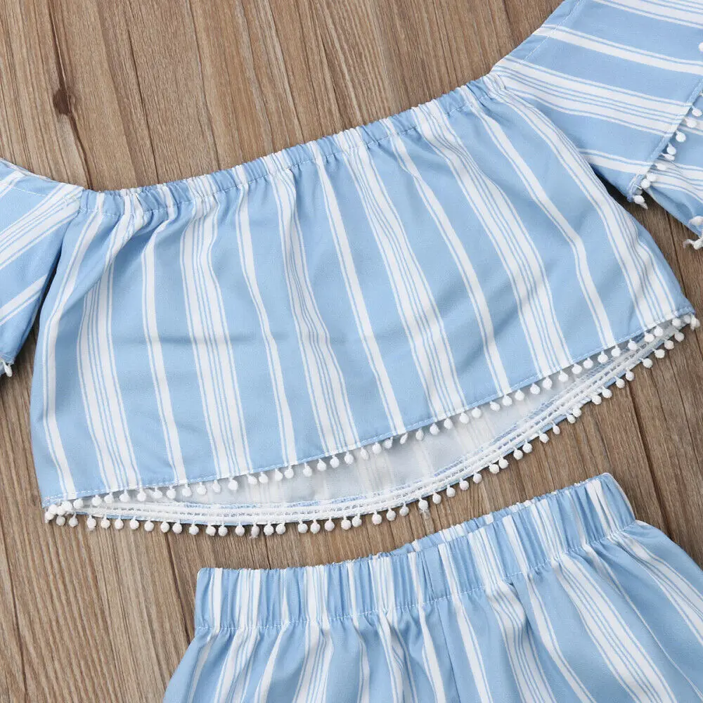 2Pcs Toddler Kid Baby Girl Summer Clothes Set Striped Off Shoulder Tassel Short Sleeve Tops Shorts Sunsuit 2Pcs Toddler Kid Baby Girl Summer Clothes Set Striped Off Shoulder Tassel Short Sleeve Tops Shorts Sunsuit