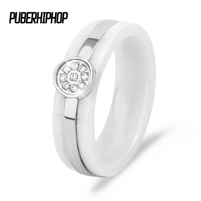 

Brand Design Black & White Engagement Rings For Women Stainless Steel Silver Round Cubic Zircon Cabochon Ceramic Ring Jewelry