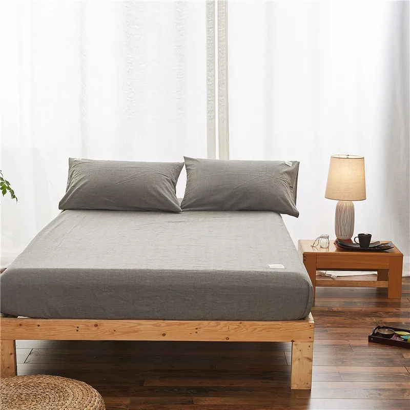 

European Style Gray Solid Color Fitted Sheet Set With Elastic Cotton 3Pcs Fitted Bed Sheet Mattress Cover Protector Pillowcase