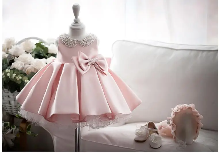 Красивое платье для маленьких девочек на день рождения 1 год, розовый, платье принцессы из тюля и бантом с Бусиной, юбка костюм для крещения новорожденных Свадебная вечеринка; платья на крестины Vestidos