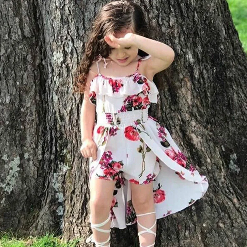 

Summer Sling Floral Dress Girl Princess Elegant Ruffles Irregular Culotte Dresses Beach Child Girls Clothes 3 4 6 7 8 10 12 Year