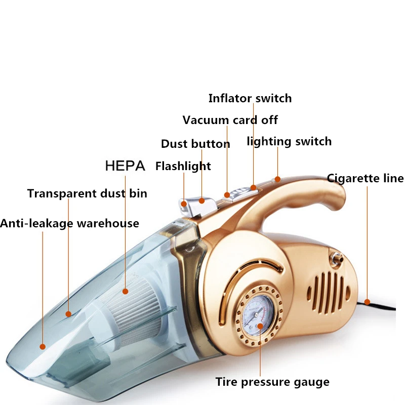 4 в 1 мощный автомобильный пылесос 12 в 80 Вт Многофункциональный Автоматический надувной насос прикуриватель штекер светодиодный HEPA фильтр