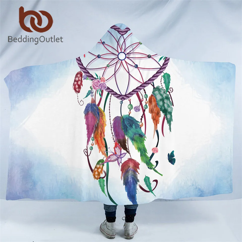 

BeddingOutlet Heart Dreamcatcher Hooded Blanket Watercolor Sherpa Fleece Wearable Throw Blanket for Adult Kids Pink Blue Bedding