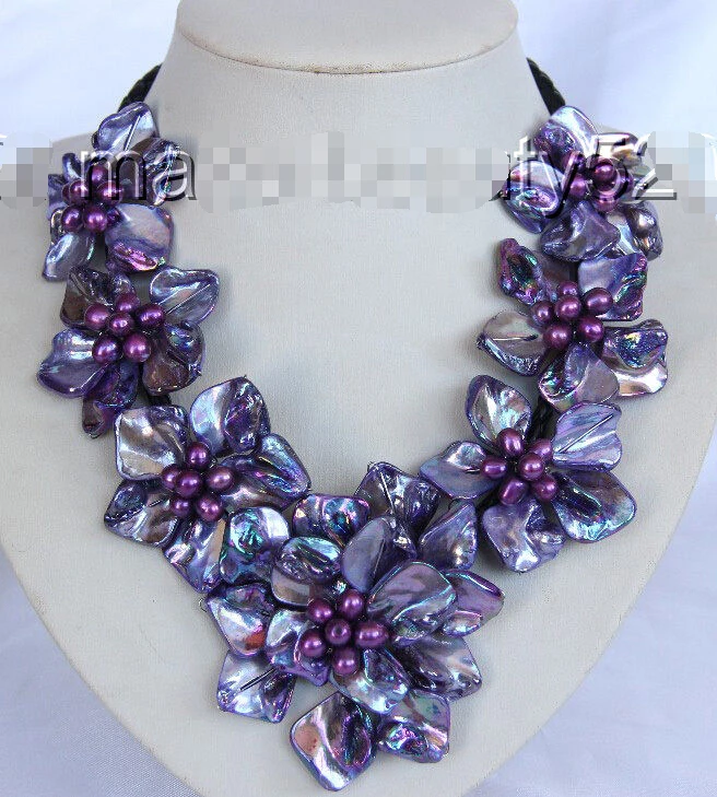 

FREE SHIPPING *****classic purple baroque freshwater cultured pearl flower leather necklace s1867