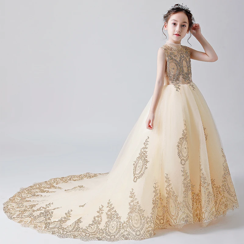 

Long Trailing Flower Girl Wedding Dress Gold Sequin Lace Party Princess Birthday Dress Baby Girl Baptism First Communion Gown