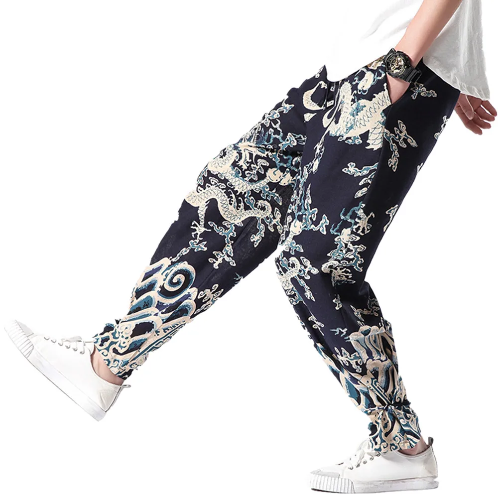 2019 Plus Size Casual Men Pants Chinese Style Dragon pattern Ethnic Print Cotton Loose Elastic Waist Trousers Harem Pants M-5XL 2019 Plus Size Casual Men Pants Chinese Style Dragon pattern Ethnic Print Cotton Loose Elastic Waist Trousers Harem Pants M-5XL