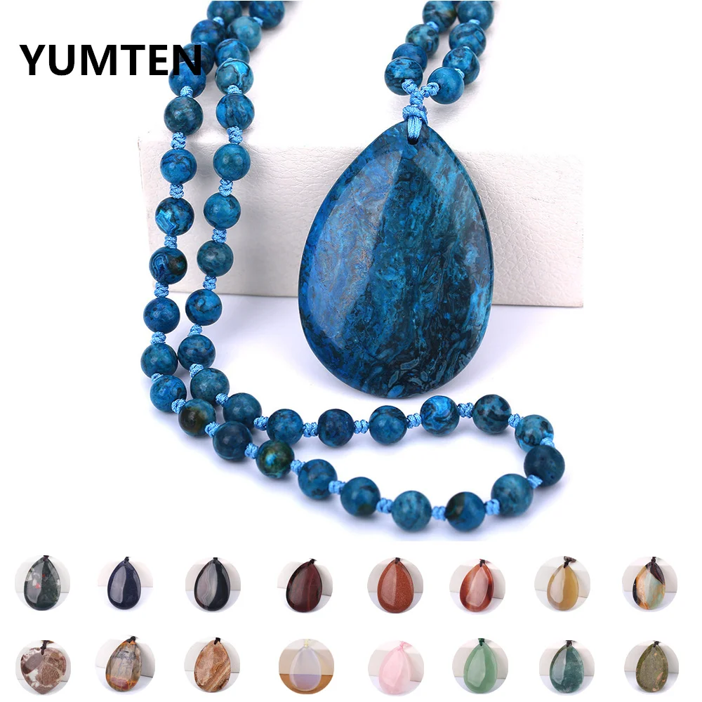 

Natural Blue Turquoise Woman Water Droplets Long Pendant Round Bead Necklaces Pendant Female Coulp Rauchtopaz Clothing Jewelry