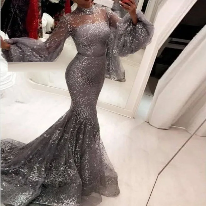 

Fashion Sequins Mermaid Evening Dresses Sexy O Neck Trumpet Long Sleeves Evening Gowns robe de soiree Gray Evening Dress
