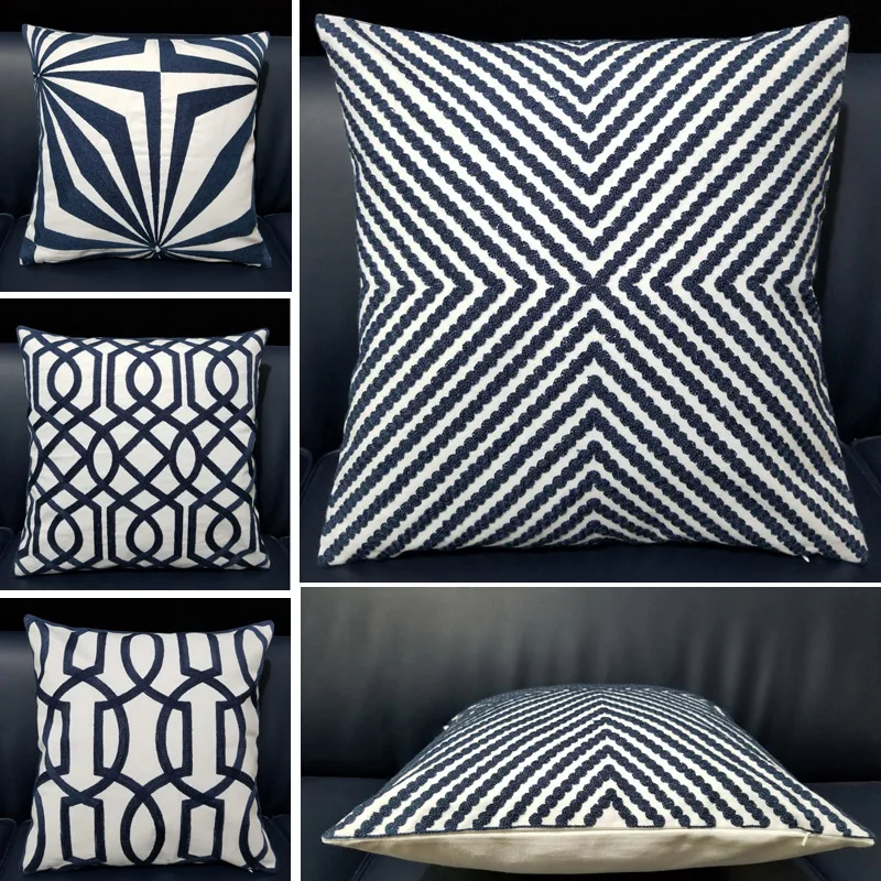 

Cotton Canvas Dark Blue Embroidery Pillow Case Sofa Cushion Cover For Chair Cushion Case 45x45cm Sofa Backrest Throw Pillowcase