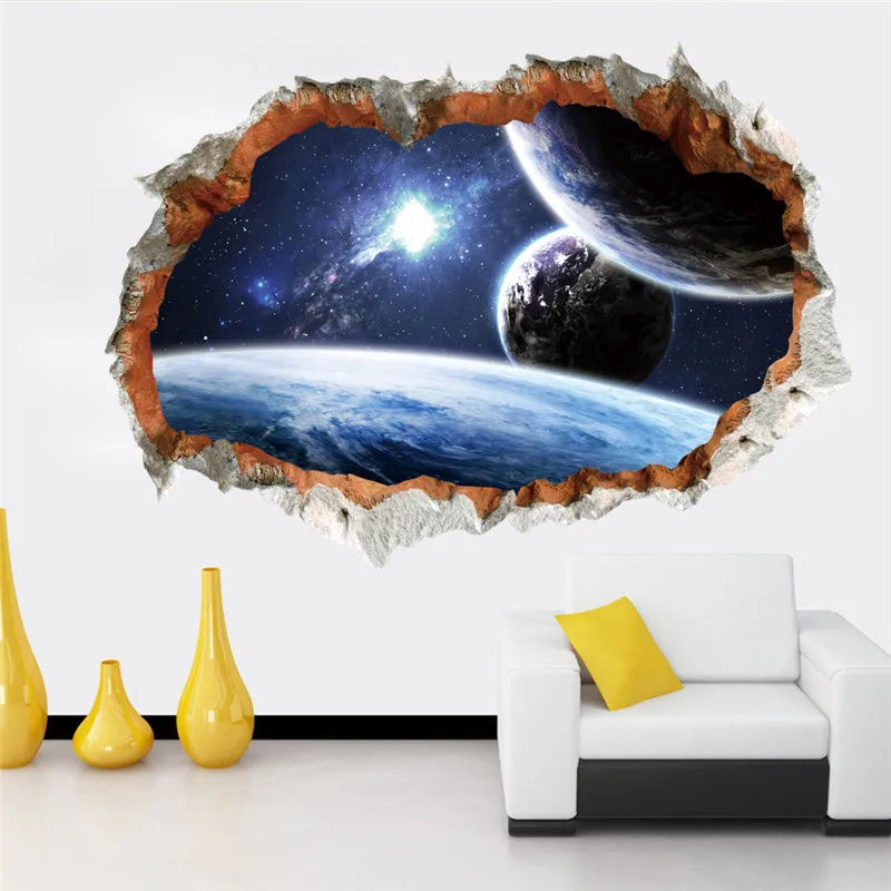 Космическая планета Наклейка на стену 3D эффект через стену домашний декор галактика настенные наклейки для гостиной спальни украшения
