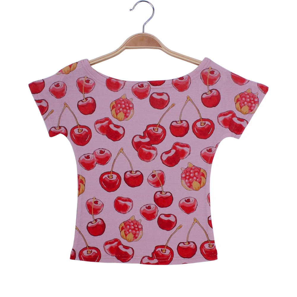 

drop shipping cherry pink summer slim sexy women crop top slash neck short sleeve elastic female t shirt