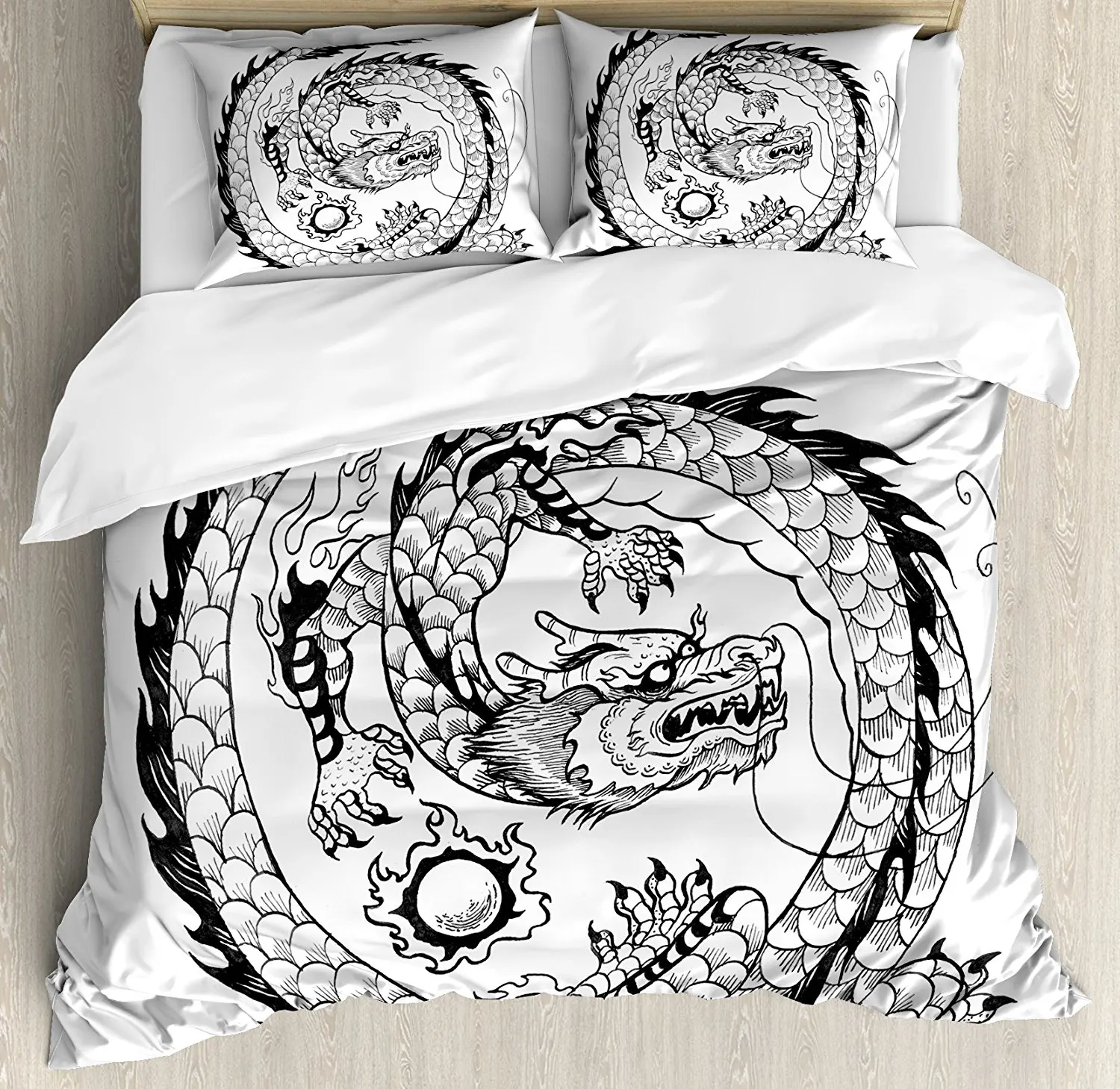 Dragon Duvet Cover Set Ethnic Asian Japanese Swirled Dragon