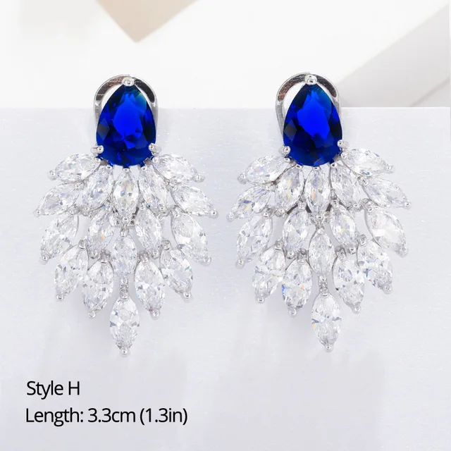 BeaQueen Leaf Flower Teardrop Cubic Zircon Royal Jewellery Big Dark Blue CZ Crystal Long Dangle Wedding Earrings for Women E293 Style H