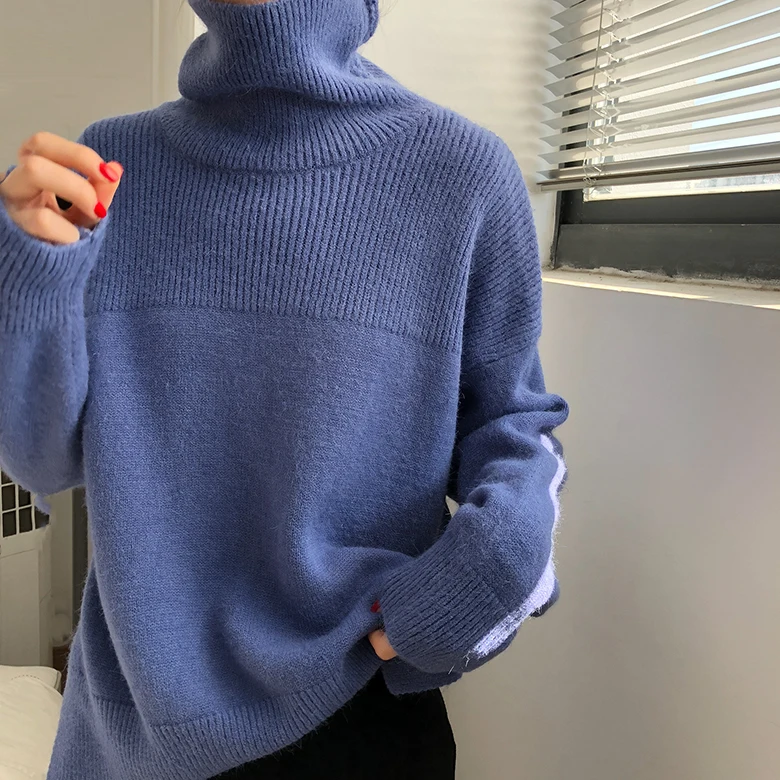 

2018 Winter Women Soft Turtleneck Sweaters Long Sleeve Solid Front Short Back Long Loose Knitting Pullovers Sweater